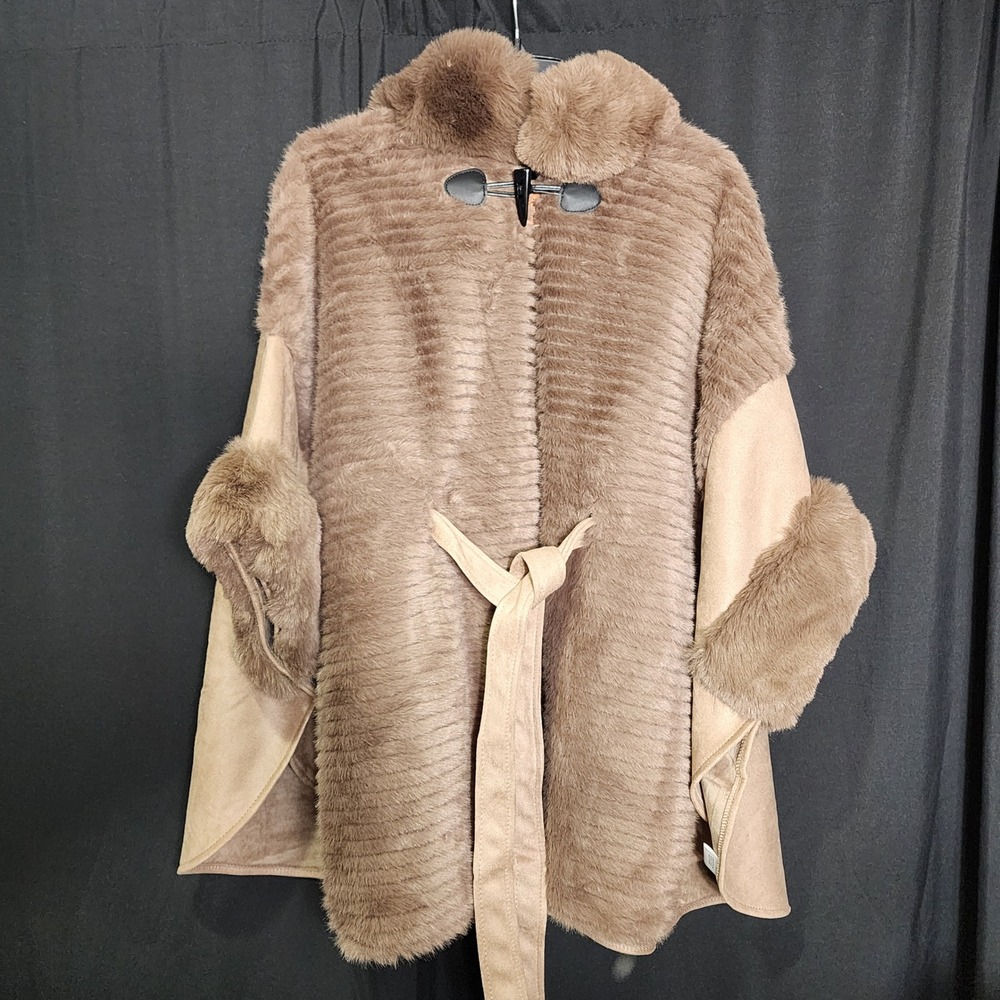 Faux Fur Trimmed Poncho Cape Tan Toggle Closure Tie Belt One Size Luxe Old Money